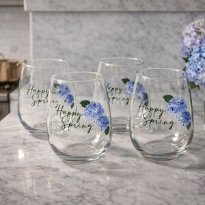 Set of 4 'Happy Spring' Floral Stemless Glasses. Juice glass, water glass, wine